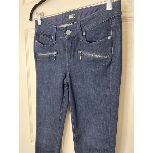 Paige Transcend Mid Rise Indio Zip Skinny Dark Blue Denim Jean Moto Grunge Boho - Picture 3 of 9